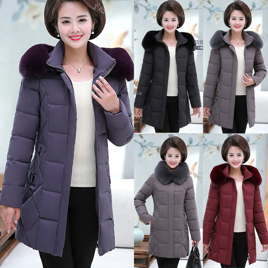 

Plus Size Winter Coats For Women Middle-aged And Elderly Mid-length Thick Fur Collar Hooded Slim Elegant Down Jacket A20