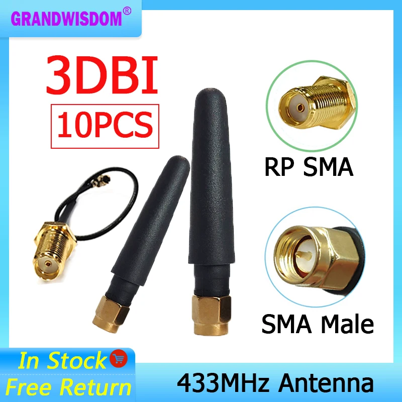 GRANDWISDOM 10pcs 433mhz antenna 2-3dbi sma male lora antene iot module lorawan ipex 1 SMA female pigtail Extension Cable | Мобильные