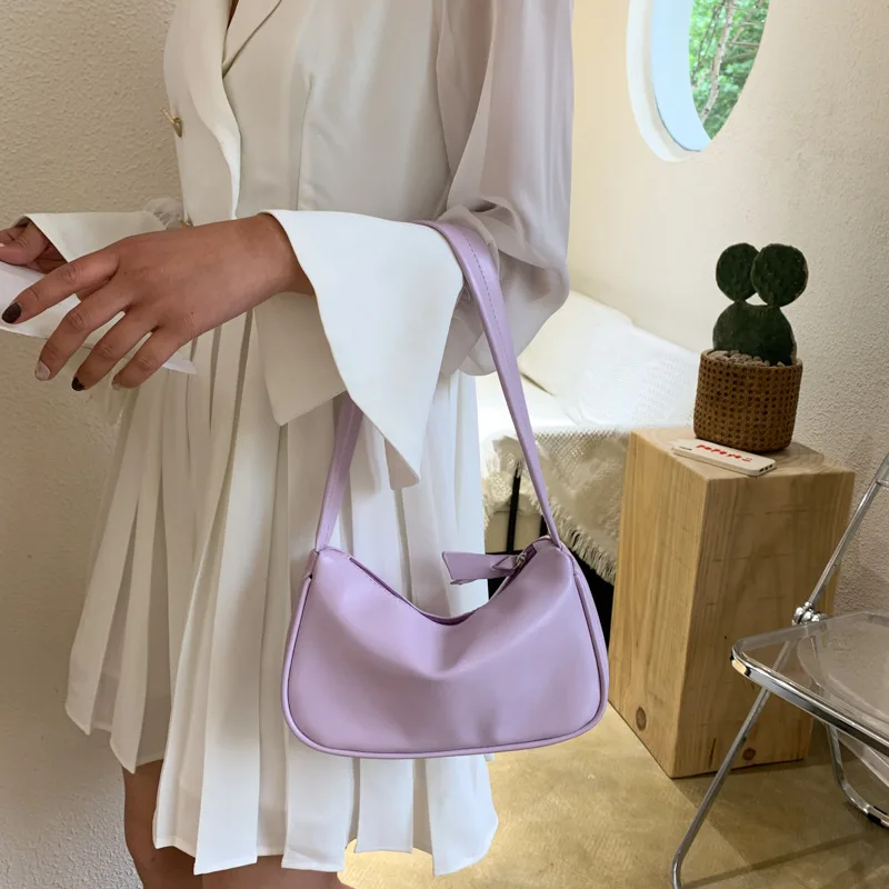 

Soft PU Leather Women Purple Underarm Bag Retro Solid Color Ladies Baguette Handbags Fashion Design Girls Small Shoulder Bags