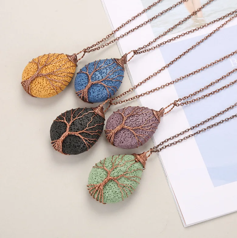 

Vintage Natural Stone Tree Life Aromatherapy Pendent Necklace for Women Men Bohemian Water Drop Cooper Wire Wrap Hanging Jewelry