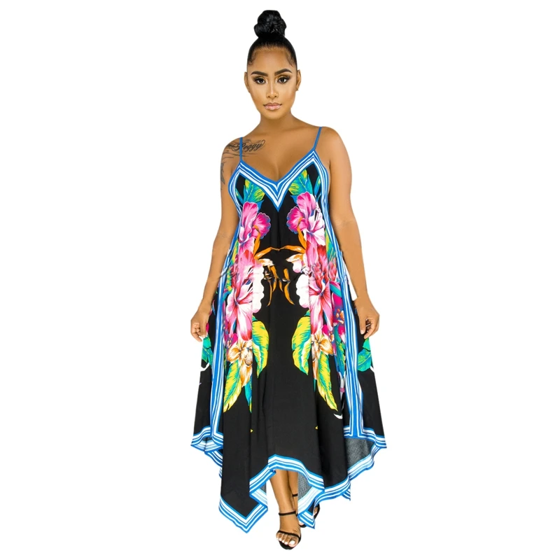 

Women Striped Floral Print V-neck Sleeveless Spaghetti Strap Loose A-line Maxi Dress Beach Long Dresses
