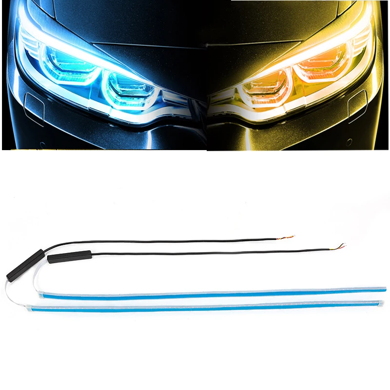 Ice blue to Yellow 1 шт. ультратонкие автомобильные DRL 30 45 60 см светодиодный дневные ходовые огни Светодиодный белый указатель поворота желтая направляющая лента для сборки фар - Цвет: Ice blue to Yellow