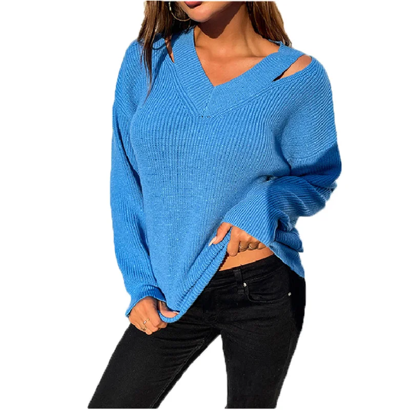 

Женский вязаный свитер, повседневный Свободный пуловер синего цвета, модель GH689 на осень и зиму, 2021