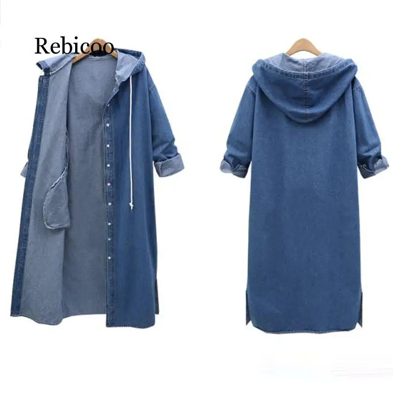 

Femael Fashion Loose Long Sleeve Hooded Denim Jacket Coat Ladies Casual Buttons Long Jean Coat Cardigan Outwear Tops