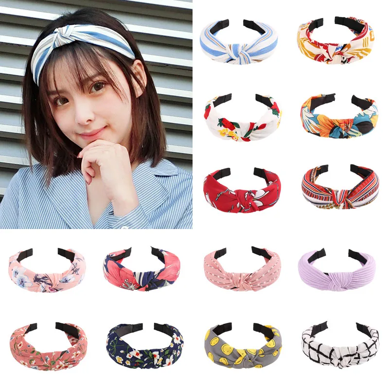 Обруч для волос женский с широким верхом модный тканевый ободок принтом и узлом
