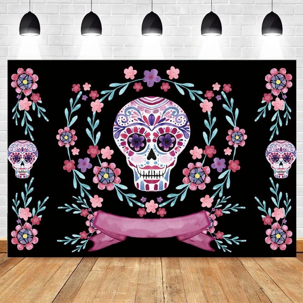 

Day of The Dead Backdrop Mexican Skull Photography Background Dia DE Los Muertos Dress-up Party Fiesta Vinyl Banner Decoration