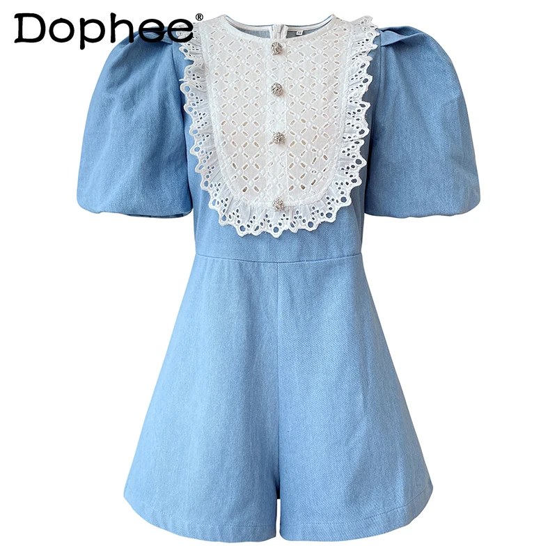 

Summer A One-Piece Denim Shorts New Lace Stitching Hollow-out Rompers Embroidery Stitching Playsuits Wide-Leg Pants for Women