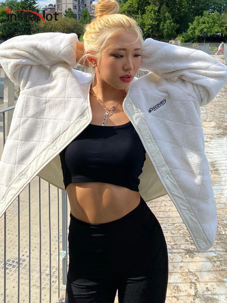 

InstaHot Casual Lamb Wool Women Letter Embroidery Jacket Long Sleeve Button Autumn Streetwear Baseball Coat Female Clothing 2021