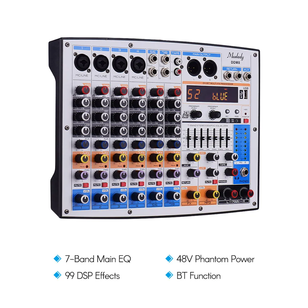 Muslady DDM8 компактный 8 каналов смеситель микшерный пульт с 99 dsp-эффекты 7-полосным