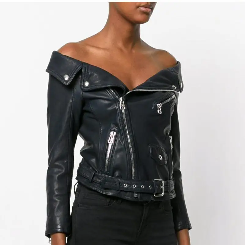 Женская короткая куртка из натуральной овчины облегающая панк-куртка с