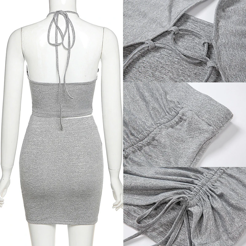 

Giyu Halter Hollow Out 2 Piece Set Women Sexy Backless Club Party Skirt And Top Set 2021 Summer Drawstring Lace Up Two Piece Set