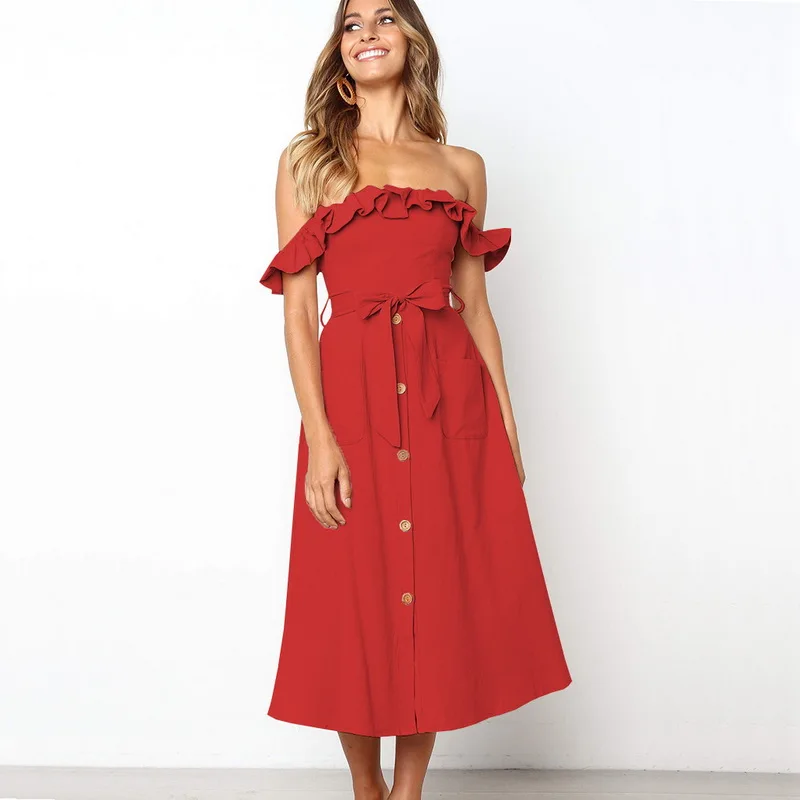 

QRWR2020 High Quality Summer Women Dress Off Shoulder Slash Neck Female Sexy Dresses Elegant Cotton A Line Midi Dress Women