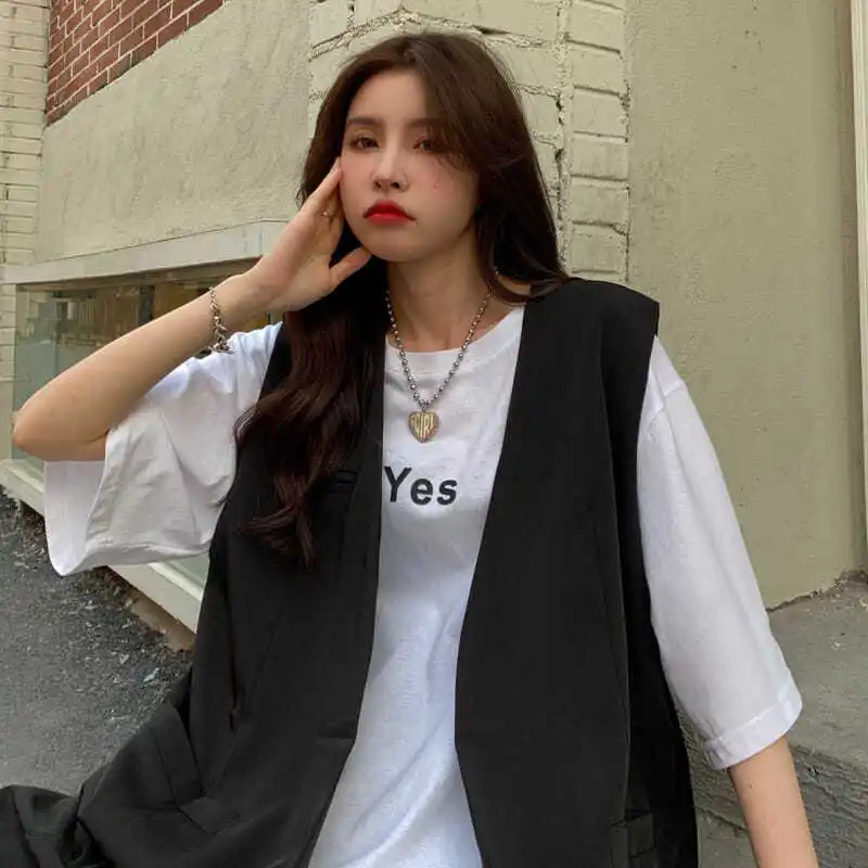 

Vests Women Single Button Large Size Leisure Summer Fashion Female Pockets Korean Style All-match V-neck Retro Streetwear Loose
