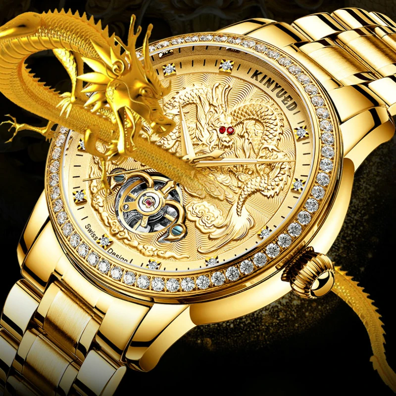 Мужские часы в китайском стиле золотые с драконом Tourbillon полый дизайн светящийся