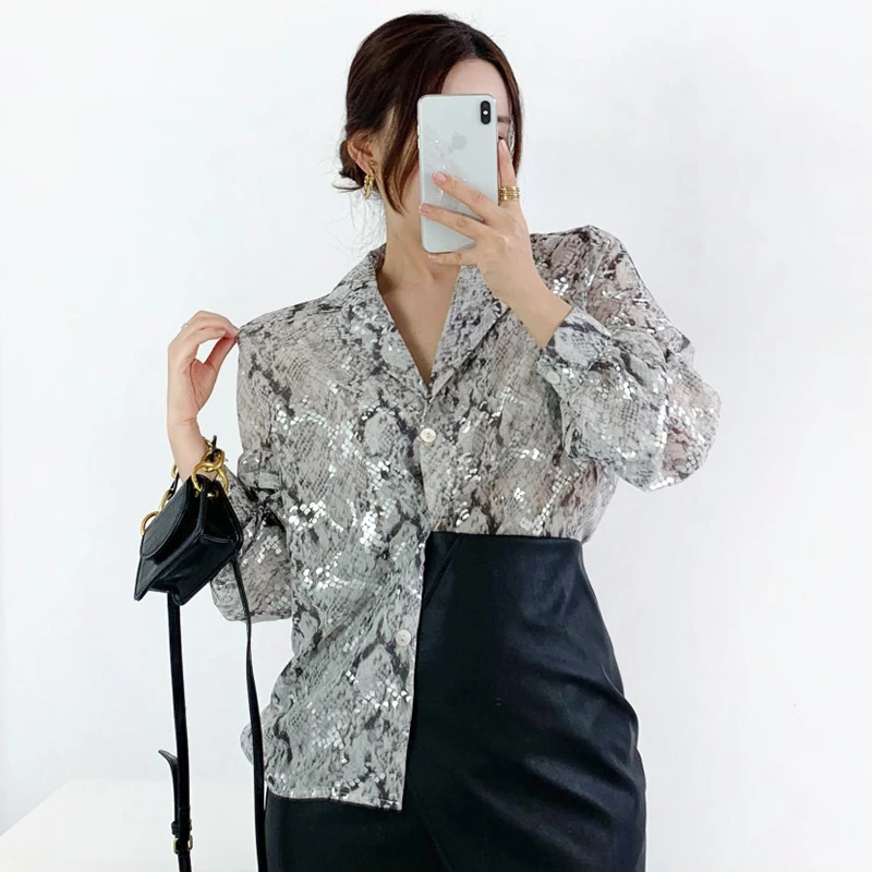Женская блузка с блестками Getspring винтажная со змеиным узором и длинными рукавами