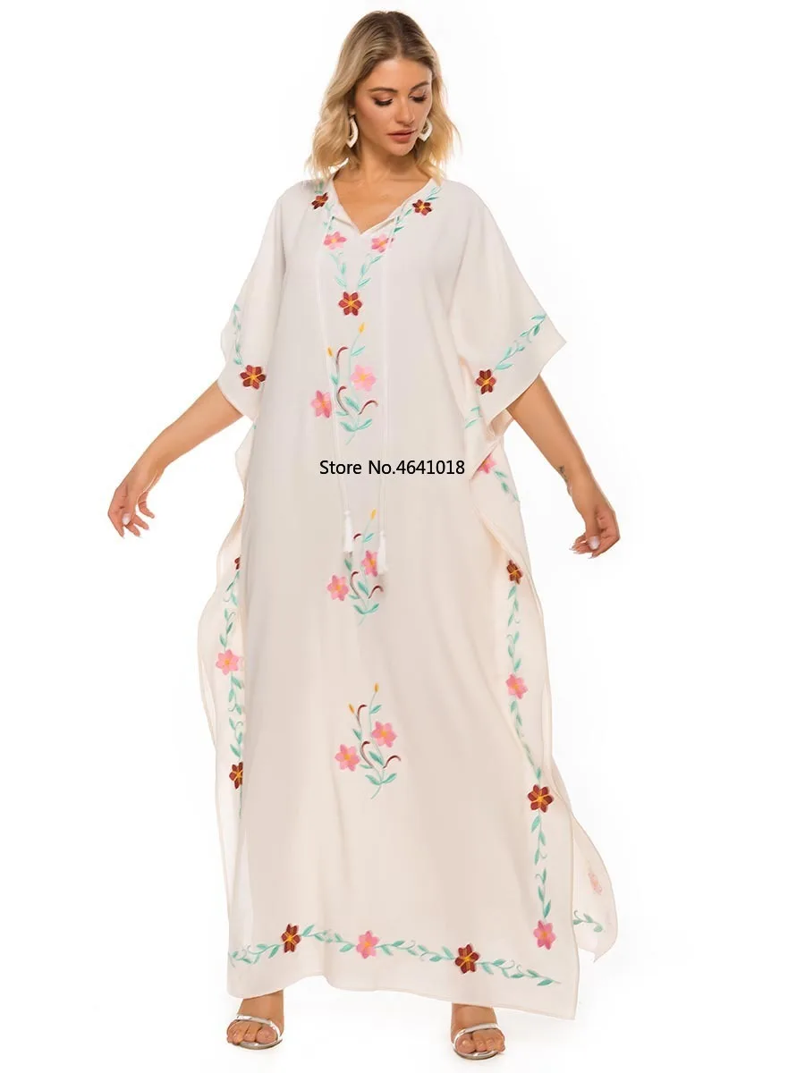 Vestidos Для женщин цветочной вышивкой с рукавом летучая мышь в богемном стиле