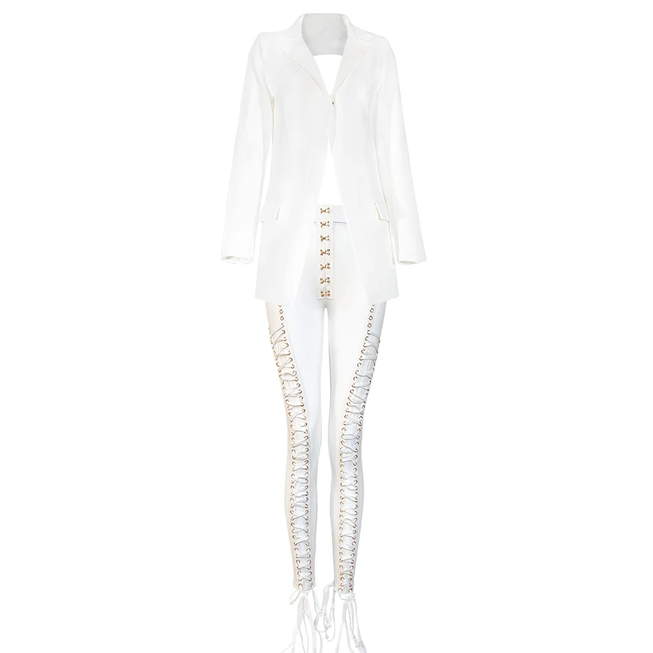 white long pants set Cardi B наряд на шнуровке блейзер с открытой спиной 2 шт брюки набор кисточкой ушко Украшенные пряжкой V образным вырезом Верхняя одежда сексуальные сетчатые брюки - Цвет: white long pants set