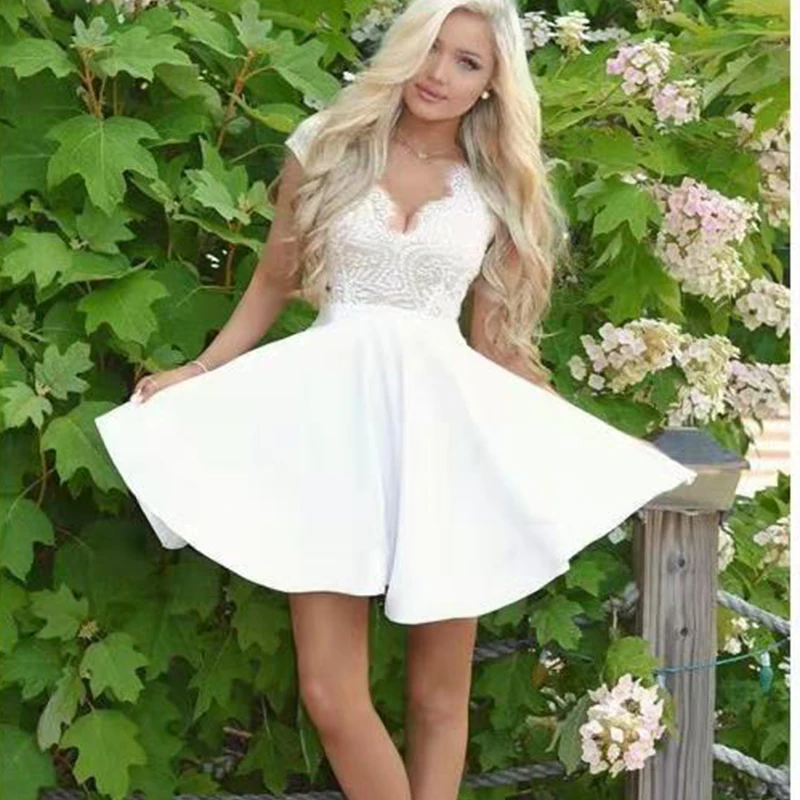 

Affordable Sexy White lace Sweetheart Mini length Formal Homecoming Dresses Prom Dresses Evening Gowns