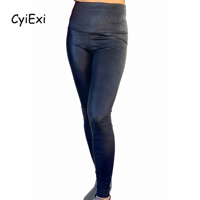 

CyiExi Black High Waist Women Legging Stretchy Shiny Faux Leather Leopard Textured Fitness Female Pants Chic Sexy Leggings S-XL