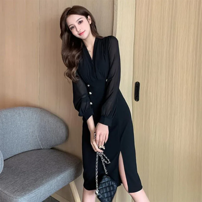 

Women's Spring Autumn Chiffon Dress Women's V-Neck Button Solid Color Patchwork Long Sleeves Elegant Slim Dress AA3398