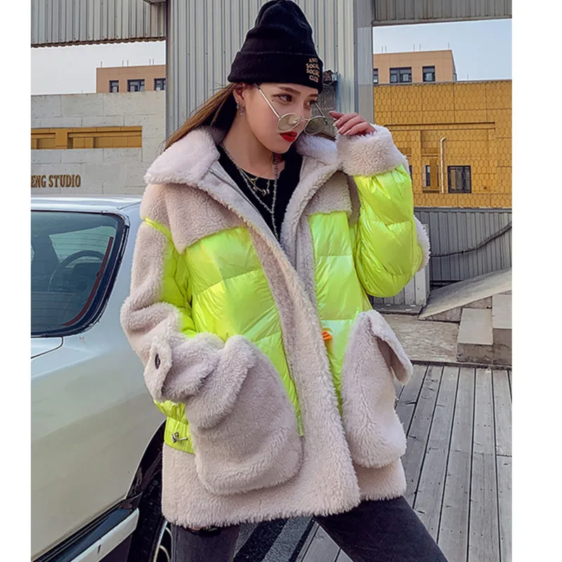 

Winter Lamb Fur Coat Women 2020 Fashion Loose Wool Hair Patchwork Stand Overcoat Streetwear Down Lady Short Puffer Jacket