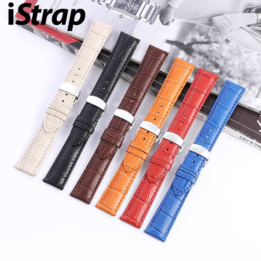

iStrap Genuine Leather Watchbands 12-24mm Universal Watch Butterfly buckle Band Steel Buckle Strap Wrist Belt Bracelet + Tool