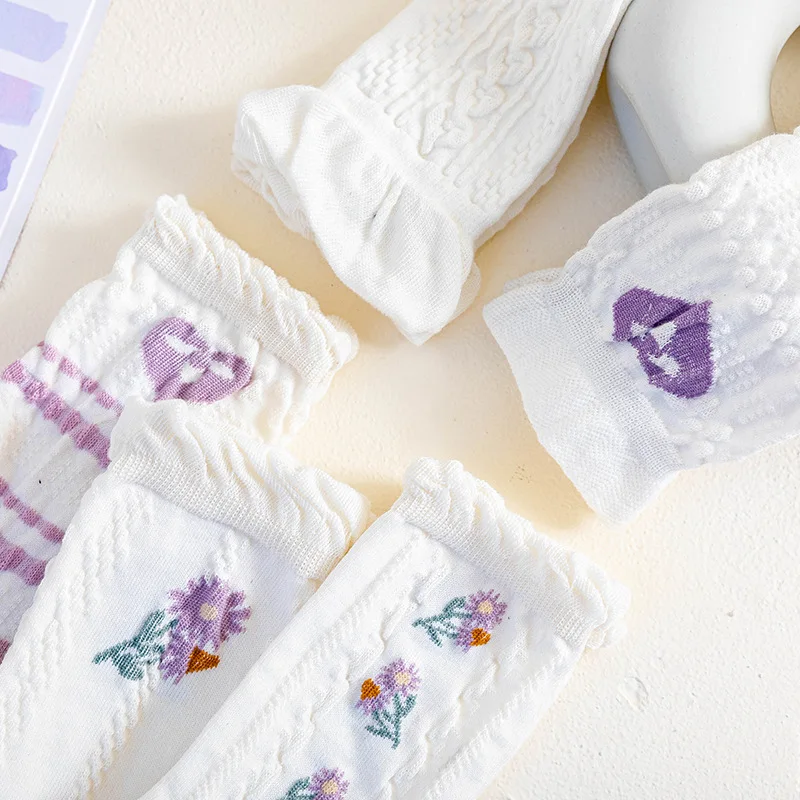 

japanese style cute ruffle sunflower lolita white long socks kawaii calcetines mujer women chaussette femme socken frilly sock