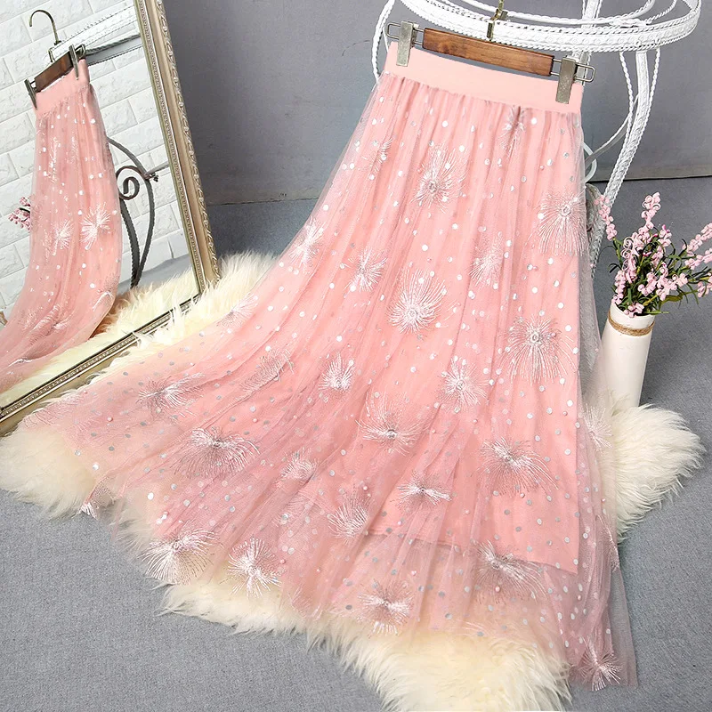 

Женская сетчатая юбка с высокой талией, розовая Повседневная трапециевидная длинная юбка с поясом на резинке, лето 2022