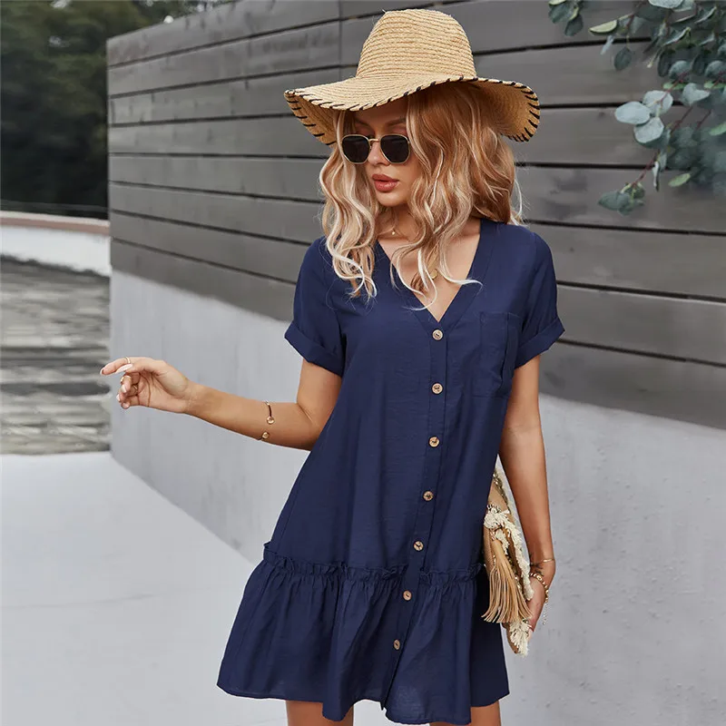 

Summer New Solid Short Dress Women 2021 Casual V Neck Single Breasted Summer Dress Ladies Loose A Line Dresses