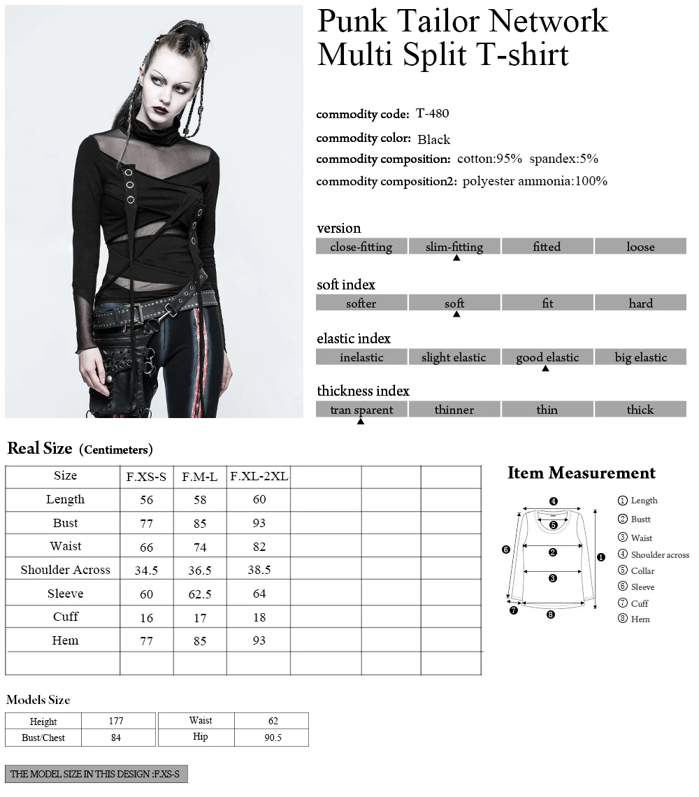 

PUNKRAVE Women's Punk Tailor Network Multi Split T-shirt Gothic Sexy Perspective Mesh Cotton Knit Turtleneck Long Sleeve Top