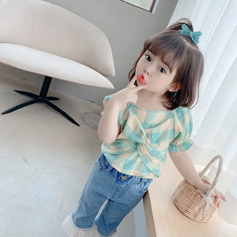 

Girls' Plaid Shirt baby kids girls' summer new Korean children's short sleeve T-shirt summer fashion cotton tops shirts P4 228