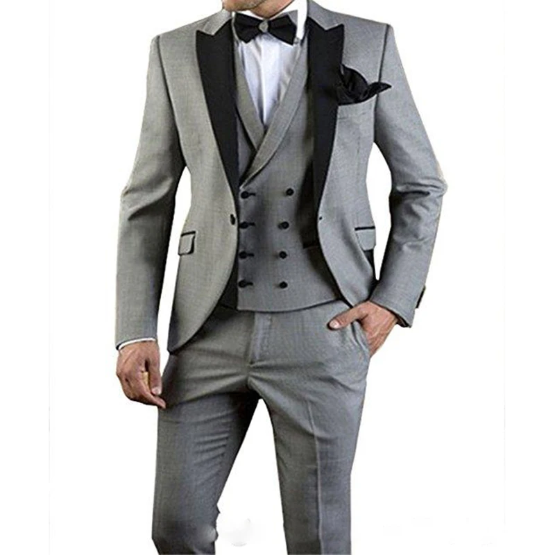

New Design Groom Tuxedos One Button Grey Peak Lapel Groomsmen Best Man Suit Mens Suits (Jacket+Pants+Vest+Tie) Costume Homme