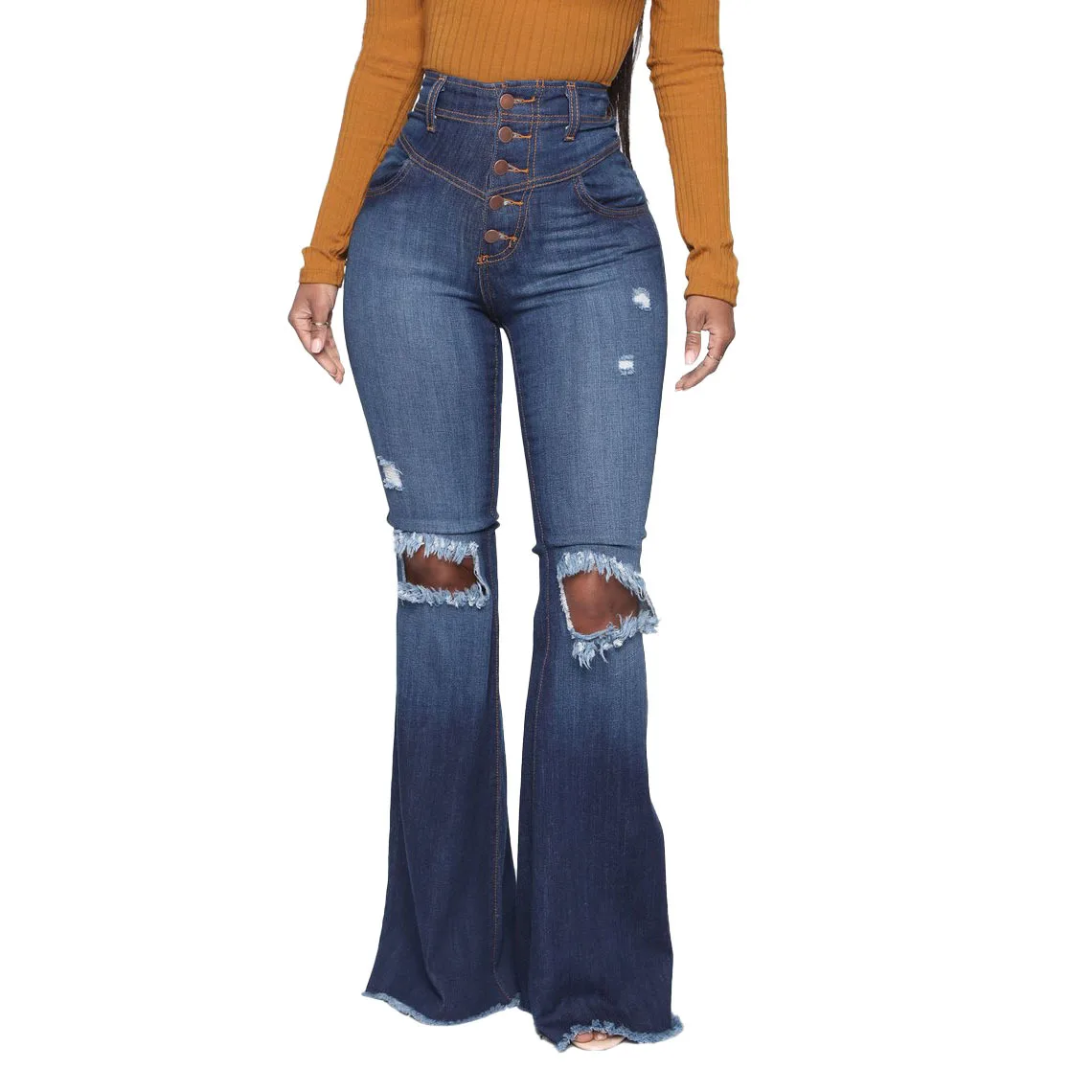 

Women's Elastic Ripped Hole Classic Denim Bell Bottom Jeans