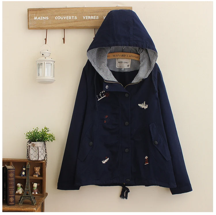 Anchor boats embroidery hooded zipper jacket female casual coat army green khaki