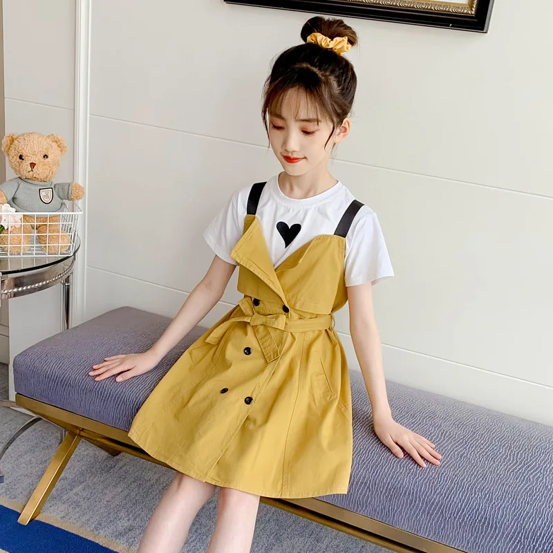 

Girls Clothing Sets Summer Kids Short Sleeve Outfits Heart T Shirt + Strap Dress 2Pcs Children Clothes Suit Teen Girls Clothing