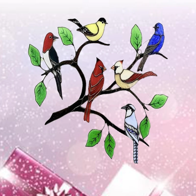 

Q0KF 6 Stained Glass Birds Hanging Ornament Pendant Glass Suncatcher Window Hangings for Bird Lover Outdoors Yard Home Clearance