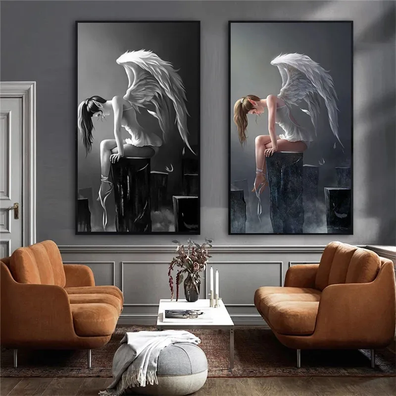

Black And White Canvas Wall Art Anime Angel Wings Posters and Printings Picture Girls Figure Painting Living Room Decoration