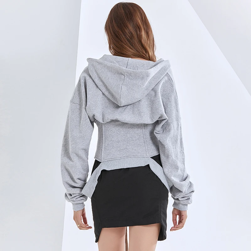 

GALCAUR Patchwork Gray Sexy Sweatshirt For Women Hooded Long Sleeve Casual High Waist Sweatshirts Female Fashion New 2020 Autumn