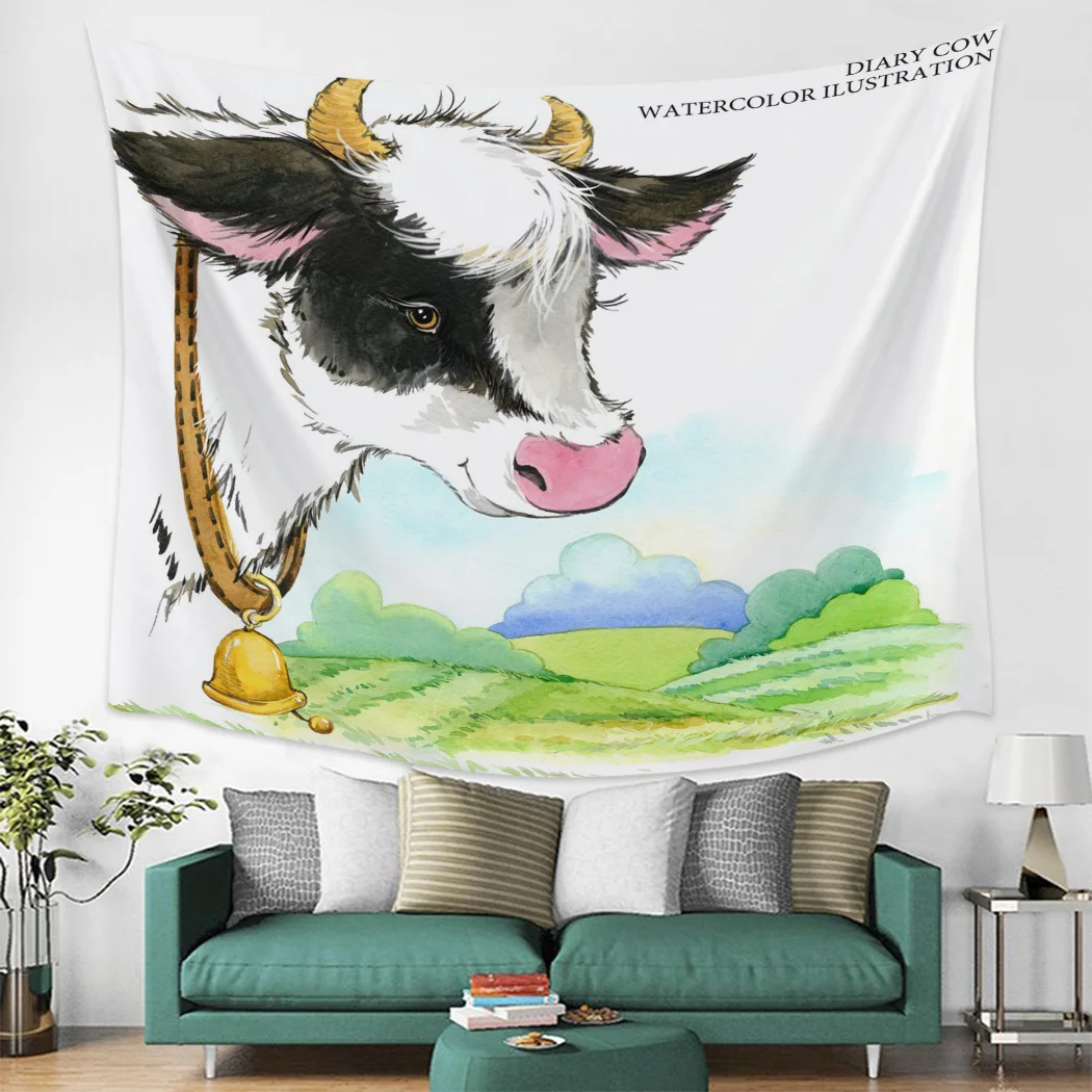Современный настенный гобелен на стену с рисунком коровы акварелью украшение