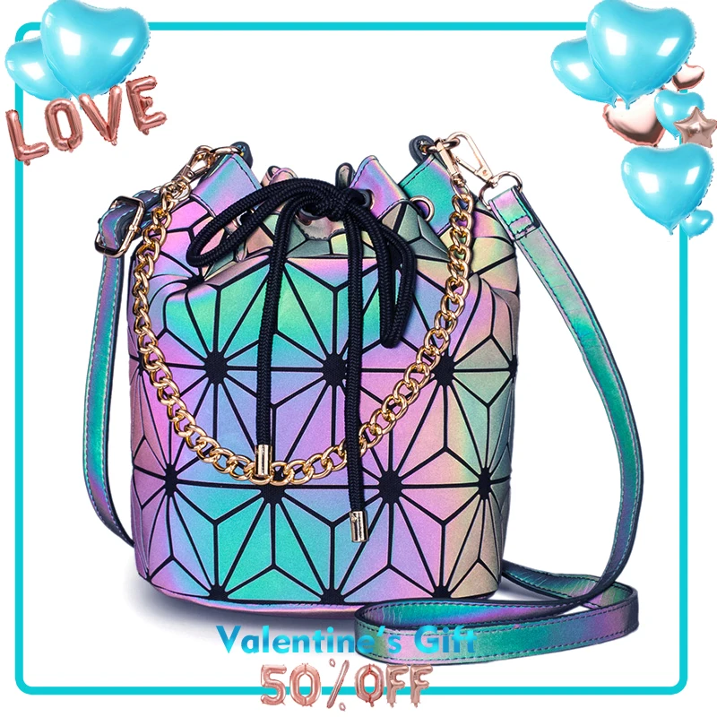 

Светящаяся сумка-мешок TangDe на круглой цепочке, женская сумочка на плечо с геометрическим узором, объемный голографический саквояж