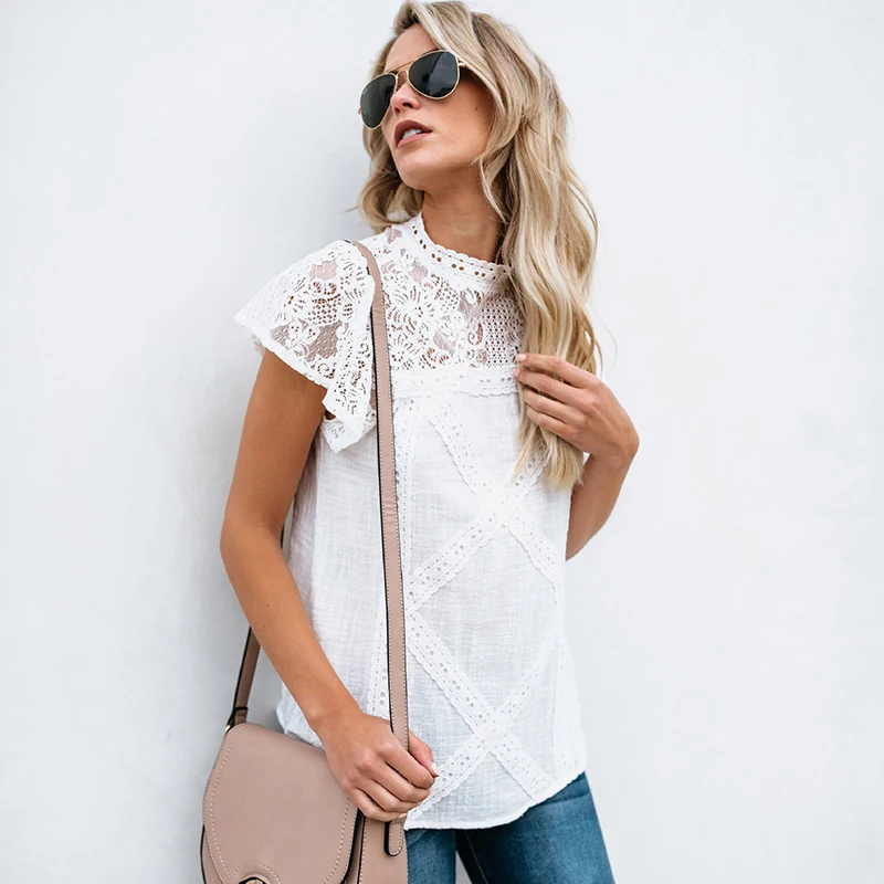 

Summer Women's Jacket Round Neck Short-sleeved Lace Stitching Plaid Solid Color Casual All-match Geometric Pattern Shirt