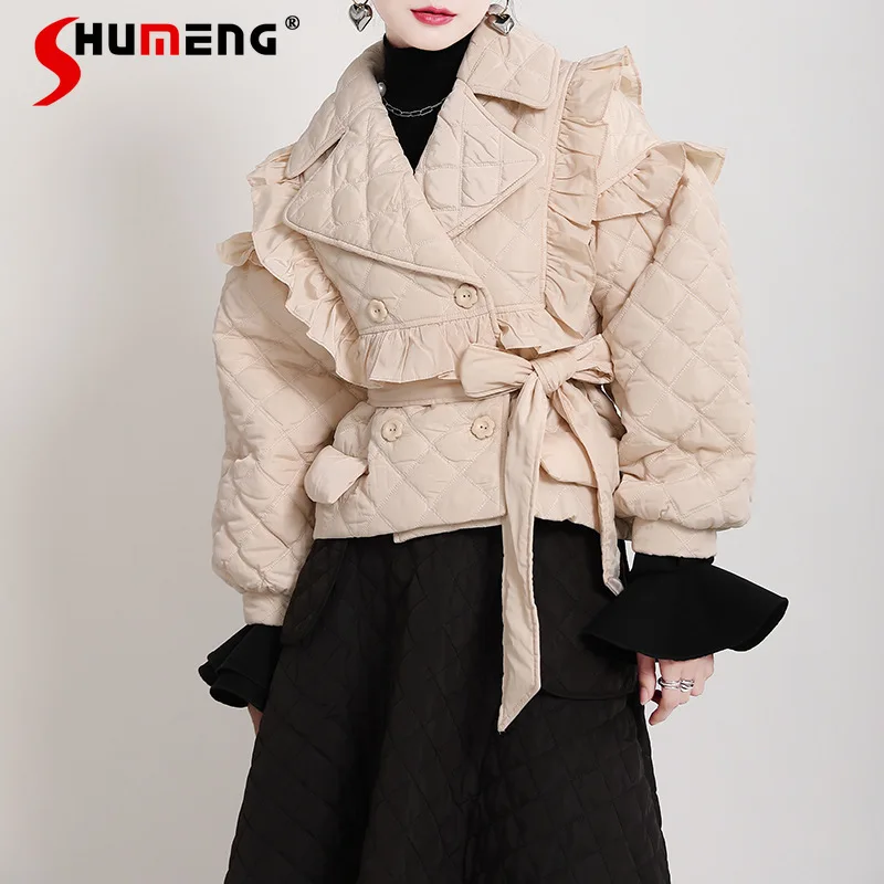 

Women Autumn and Winter Short Parkas Jacket 2022 New Loose Black Ruffles Edge Wooden Cotton-Padded Clothes Women's Parka Coat