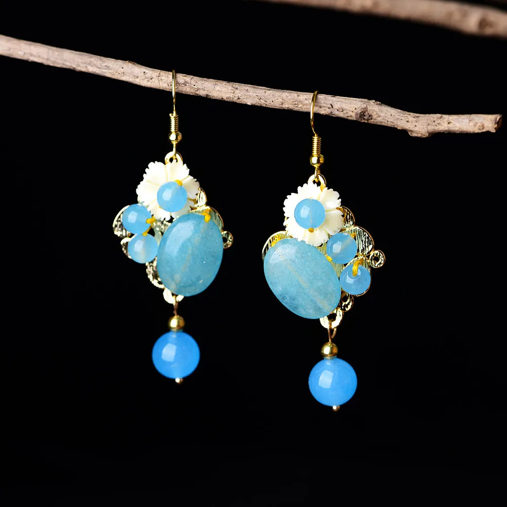 Серьги подвески с нефритовыми цветами халцедон синий агатовый амулет модные