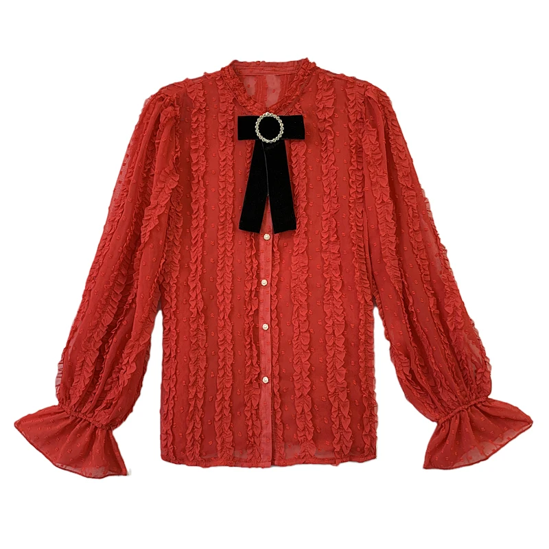 

shirt female 2020 brim chiffon blouse han edition red shirt female fashion long-sleeved render unlined upper garment