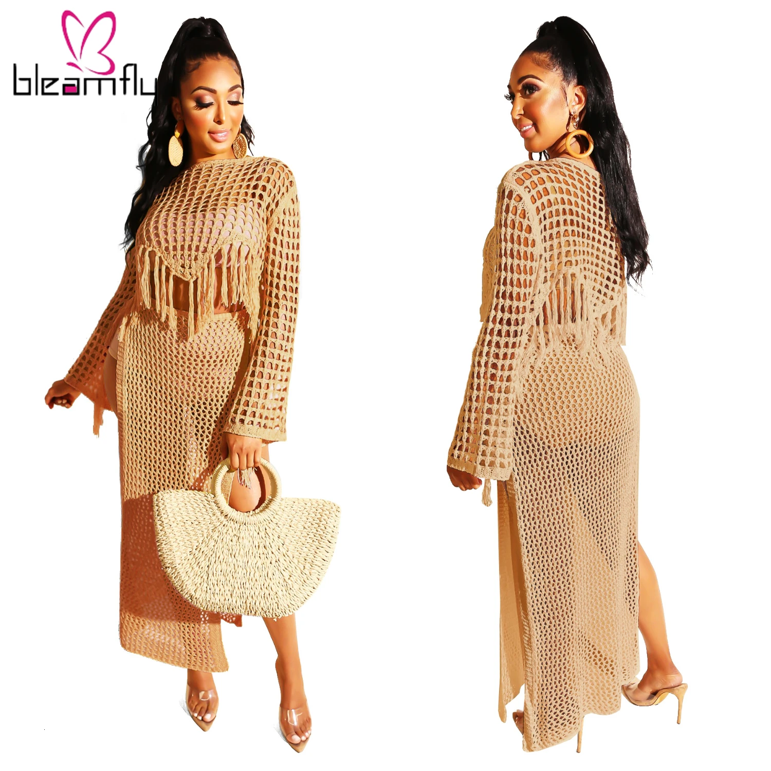 Женский летний вязаный крючком свитер с длинным рукавом топ высоким разрезом