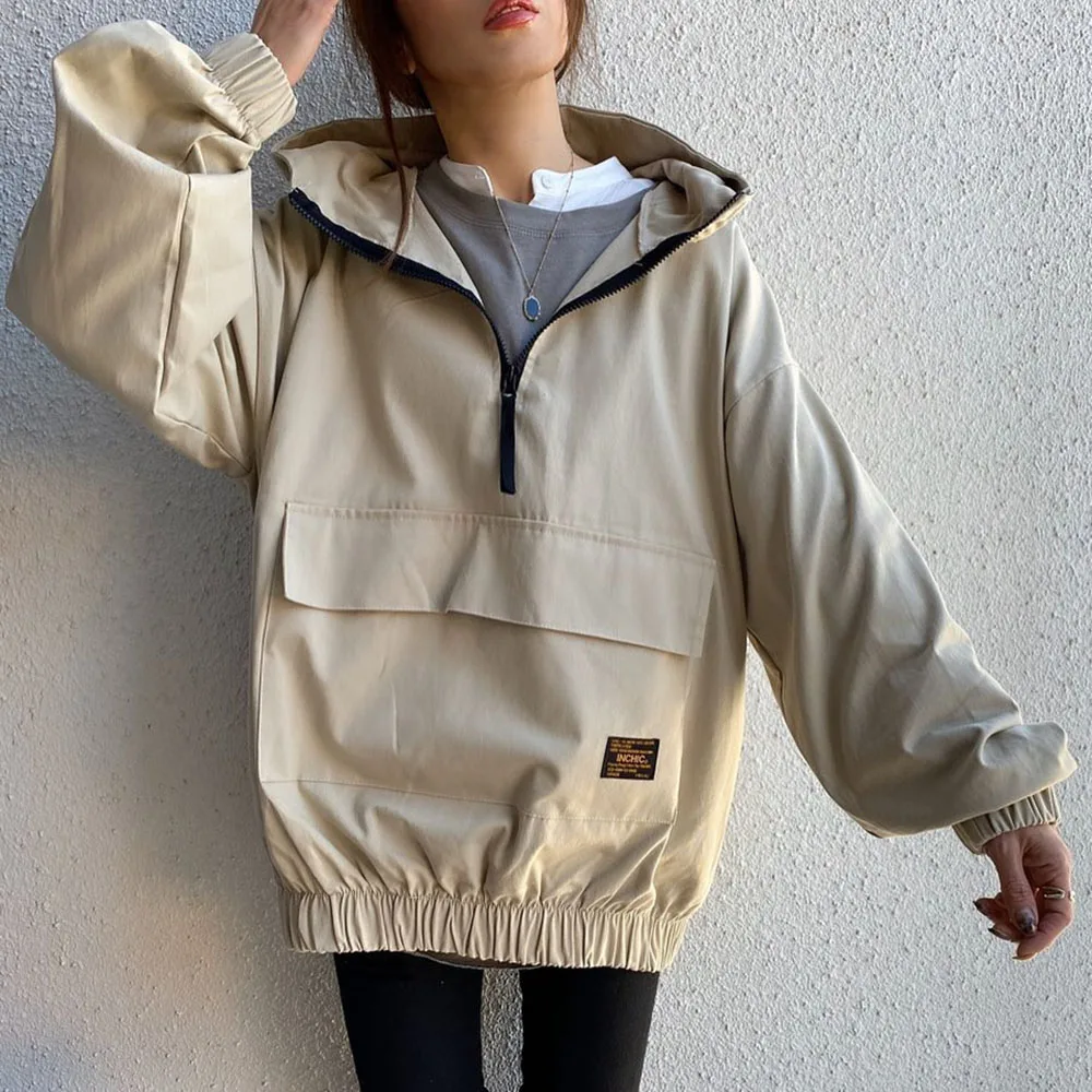 

Women Solid Hoodie Cool Autumn Spring 2020 Office Ladies Loose Pullover Hooded Coat Japanese Korean Causal Tops Outwear Black