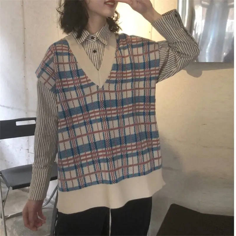 

Kawaii Sweater Vest Women Korean Preppy Style Fashion Plaid Casual Teens Sweaters V-Neck Oversized Vintage Sleeveless Outerwear