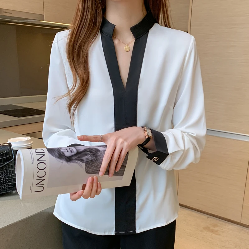 

Casual V-Neck Long Sleeve Chiffon Shirts 2021 New Spring White Blouse Women Tops Solid Fashion Ladies Tops Pullover Blusas 11189