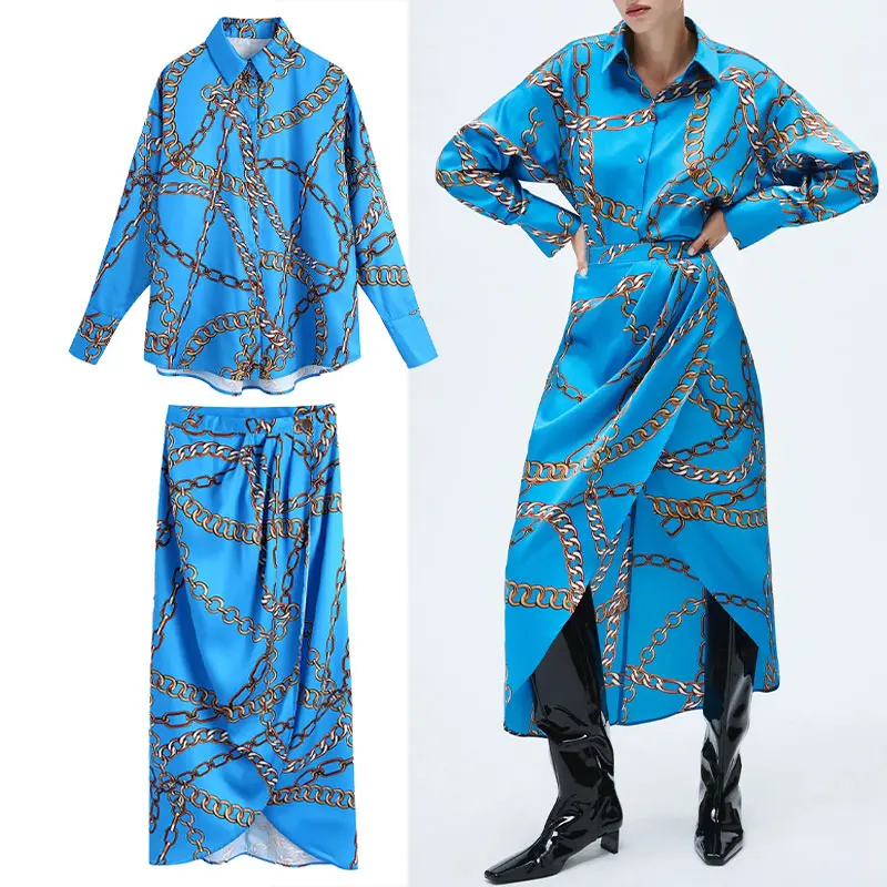 

Женский Повседневный костюм с юбкой, Свободный Топ с принтом цепей и юбка миди с завышенной талией, комплект из 2 предметов, 2021