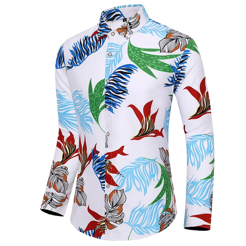 Hawaiian Shirts for Men Plus Size Men's Dress Flower Print Shirt green leaves pattern Long Sleeve Shirts Male man Tops Camisa